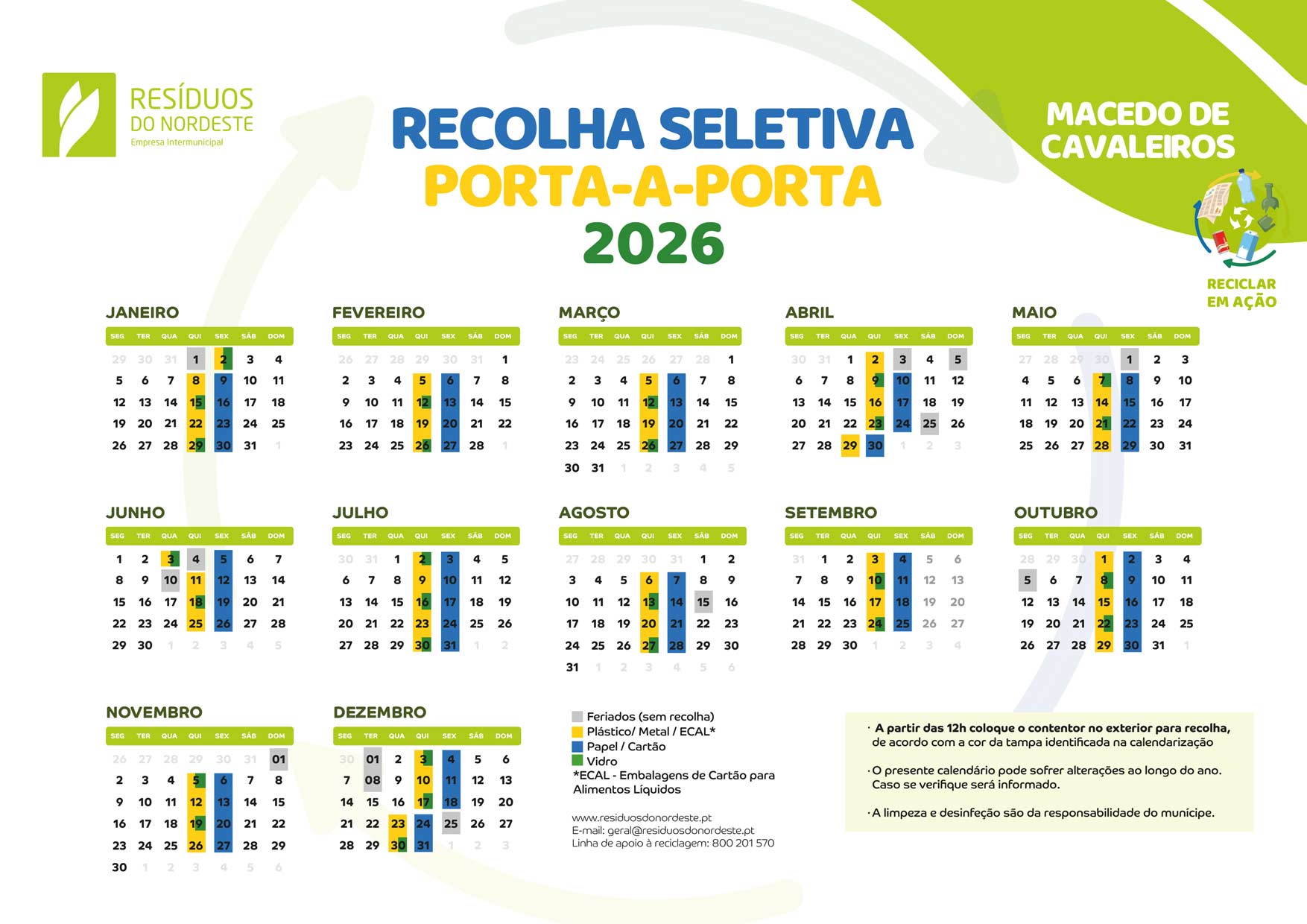 Residuos do Nordeste_CALENDARIO-2026-Recolha-Seletiva-Porta a Porta