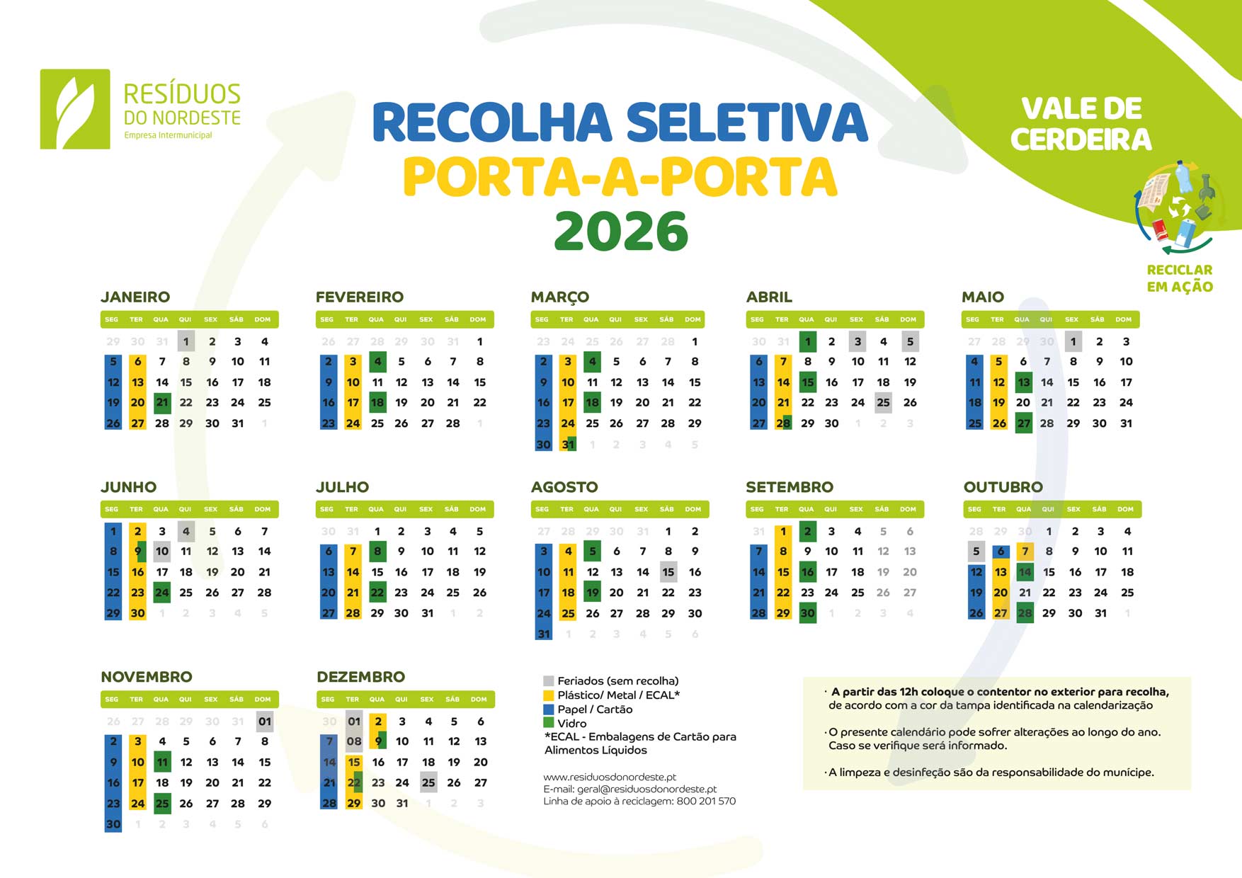 Residuos do Nordeste_CALENDARIO-2026-Recolha-Seletiva-Porta a Porta