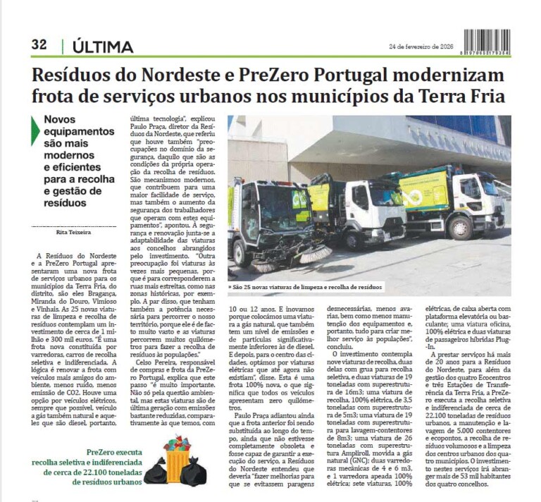 Resíduos do Nordeste e PreZero Portugal modernizam frota de serviços urbanos nos municípios da Terra Fria