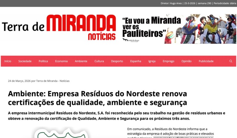 Ambiente: Empresa Resíduos do Nordeste renova certificações de qualidade, ambiente e segurança
